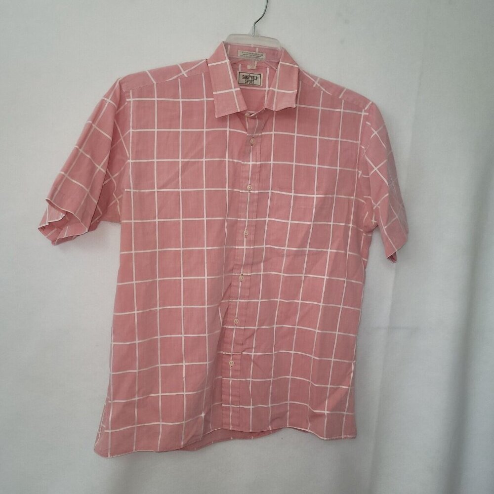 Sansabelt Sport Shirt Mens L Pink Checked Short‎ Sleeve Button Up Office